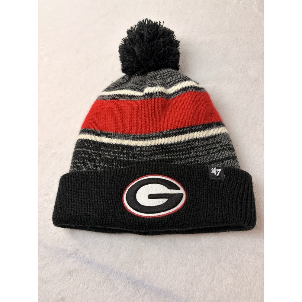 Georgia Bulldogs '47 Brand Cuffed Knit Pom Beanie Hat - Black & Red Oval G NWOT